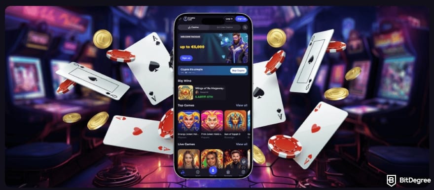 CryptoLeo casino review: CryptoLeo interface displayed on a smartphone browser.