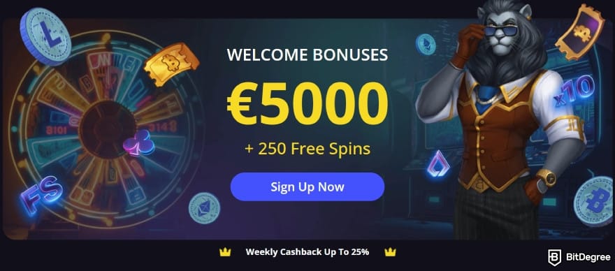 CryptoLeo casino review: welcome bonus banner ad.