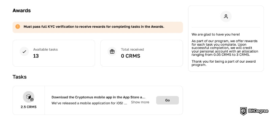 Cryptomus review: Awards Center.