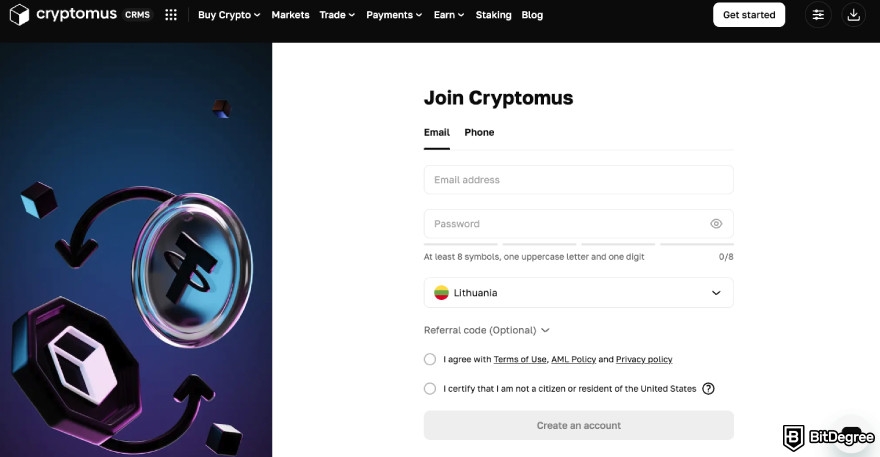 Cryptomus review: sign up page.