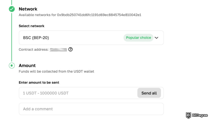 Cryptomus review: selecting the network and the amount of crypto you'll send.