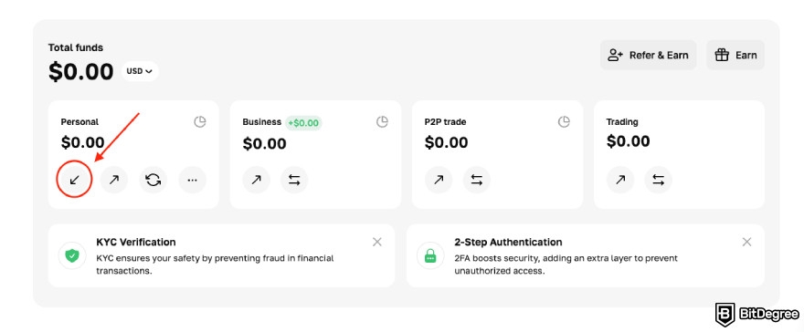 Cryptomus review: the downward arrow for crypto or fiat deposit.