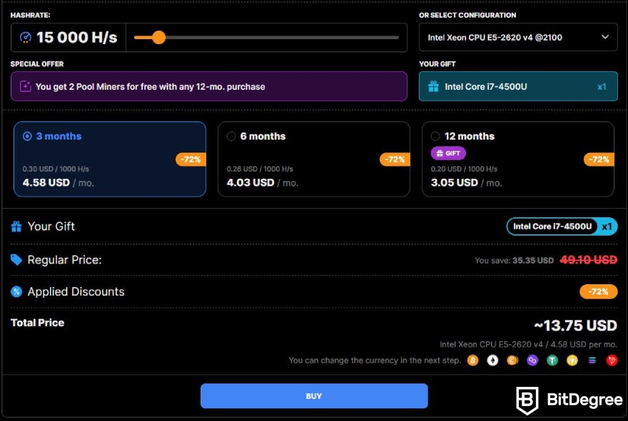 CryptoTab Browser review: choosing miner configuration.