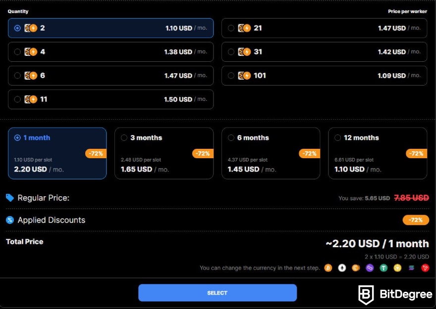 CryptoTab Browser review: selecting the number and the duration of the mining slot to add.