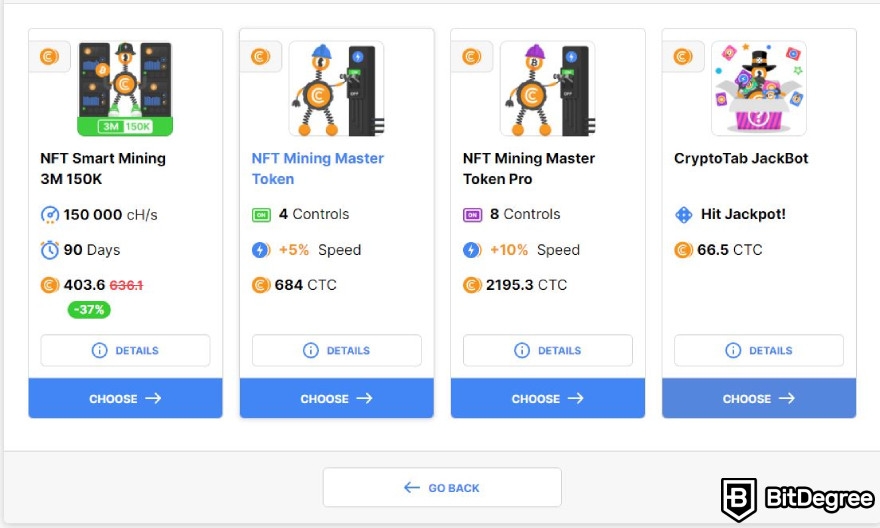 CryptoTab Browser review: CT NFTs Mining tokens options.