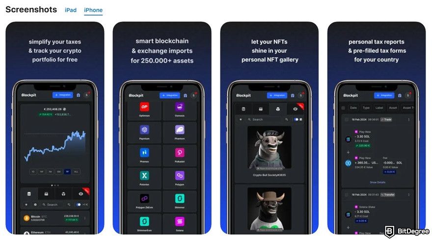 CryptoTaxCalculator review: iPhone screenshots for Blockpit.