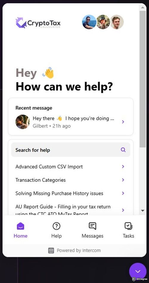 CryptoTaxCalculator review: chat button.
