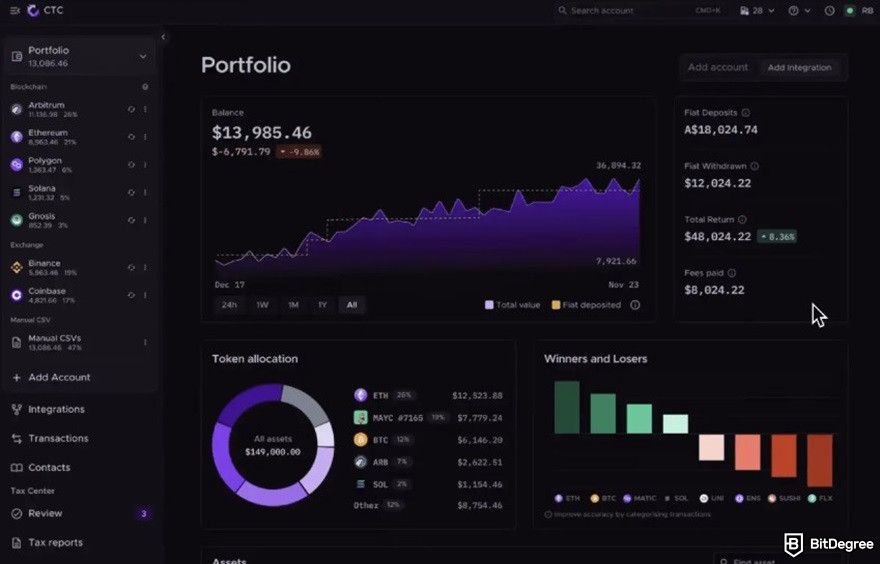 CryptoTaxCalculator review: dashboard.