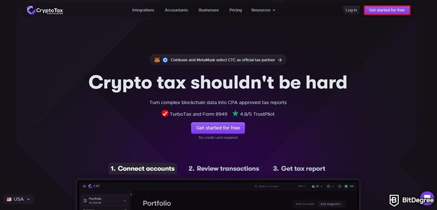 CryptoTaxCalculator review: signing up from the homepage.