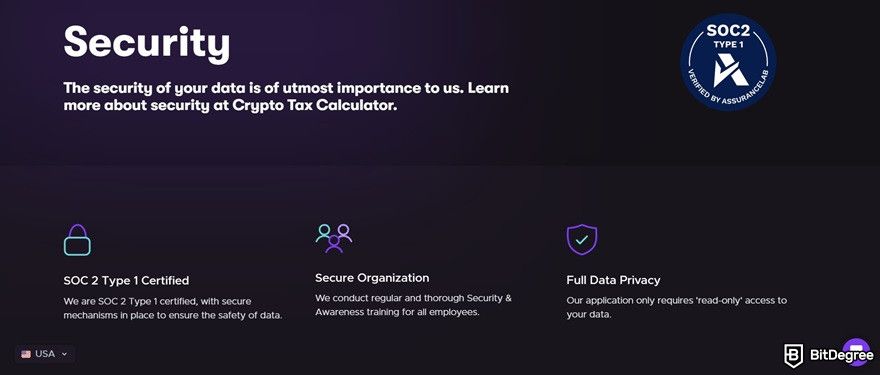 CryptoTaxCalculator review: security page.