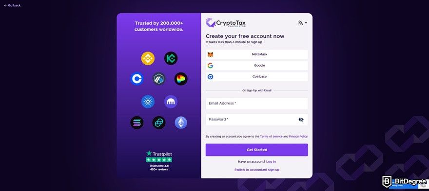 CryptoTaxCalculator review: creating a free account on Crypto Tax Calculator.