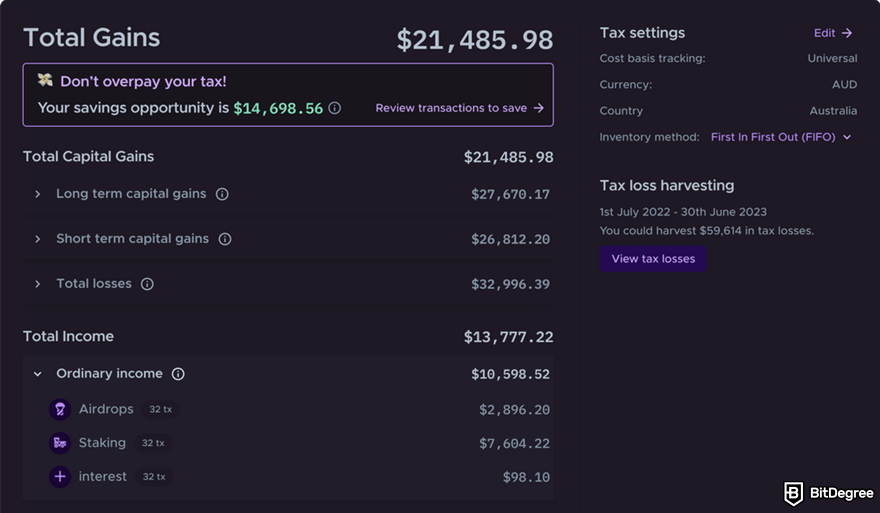 CryptoTaxCalculator review: total gains in the Report page.