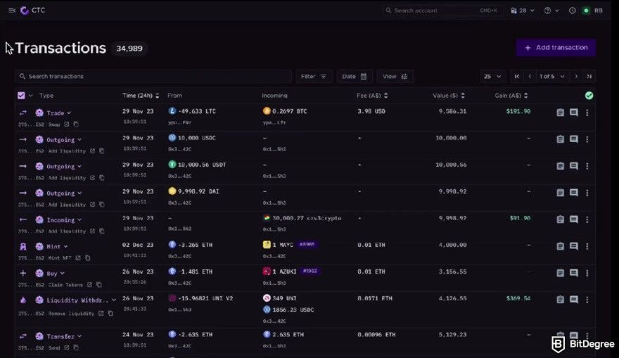 CryptoTaxCalculator review: Transactions page.