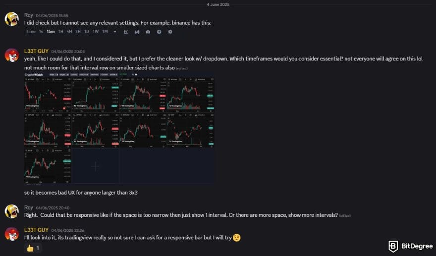 CryptoWatch review: conversation on CryptoWatch's official Discord channel.