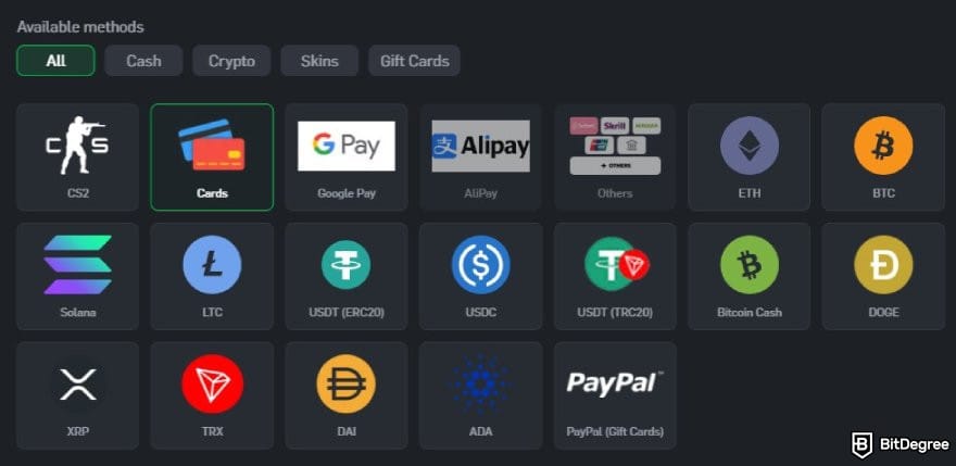 CSGORoll promo code: the available top-up methods on CSGORoll.