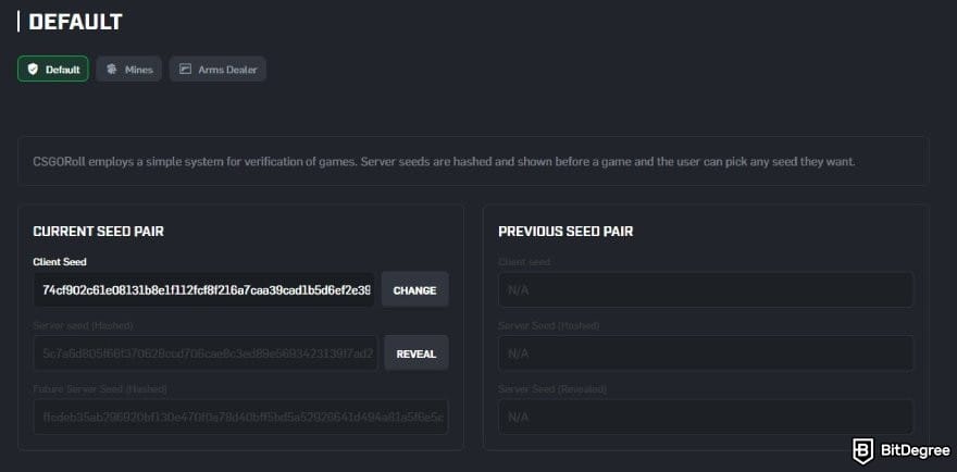CSGORoll promo code: the Fairness page on CSGORoll.