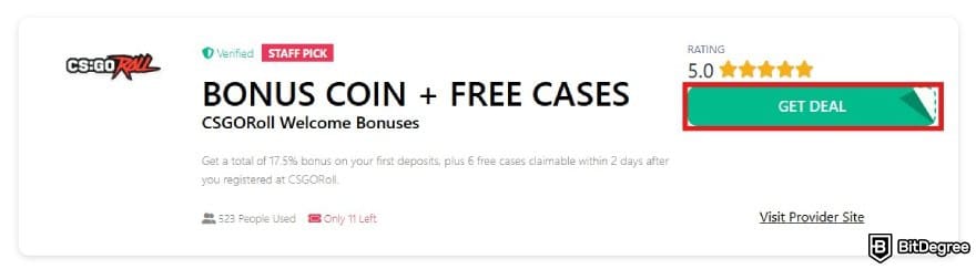CSGORoll promo code: the Get Deal button on a CSGORoll promo coupon.