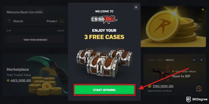 CSGORoll promo code: the 3 free cases pop-up window on CSGORoll.