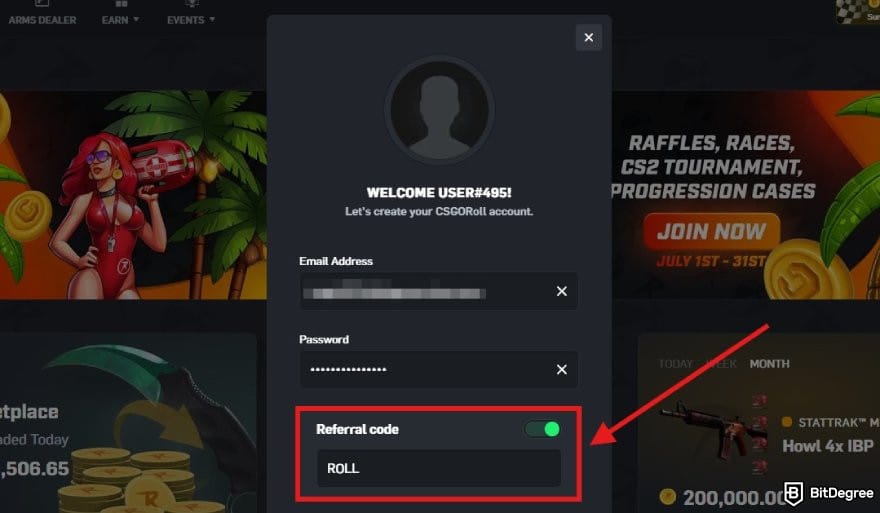 CSGORoll promo code: the account creation window on CSGORoll.