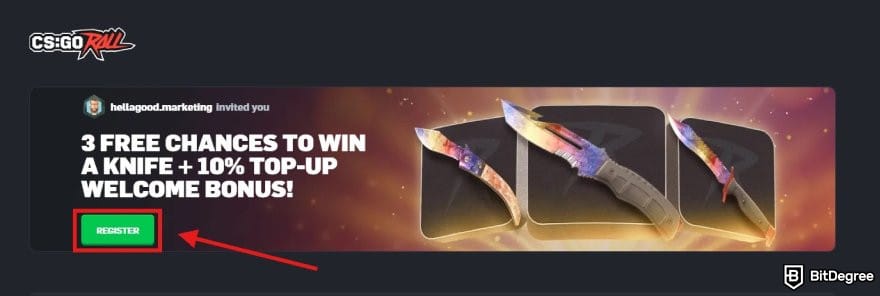 CSGORoll promo code: the Register button on CSGRoll's homepage.