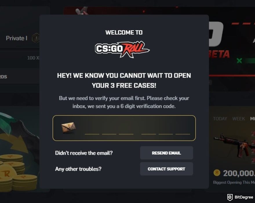 CSGORoll promo code: the email verification window on CSGORoll.