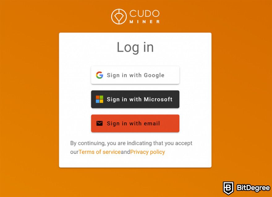 Cudo Miner review: sign in options.