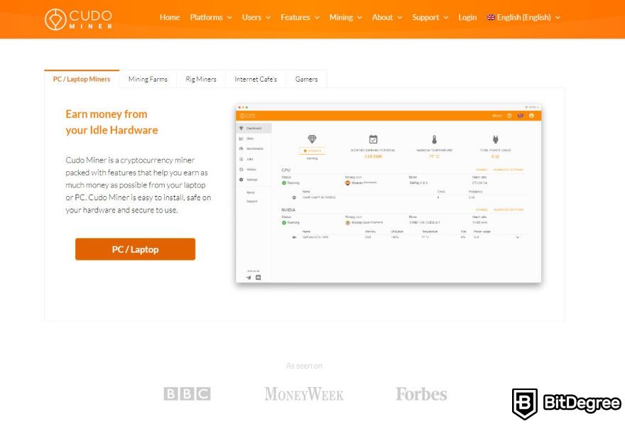 Cudo Miner review: homepage.