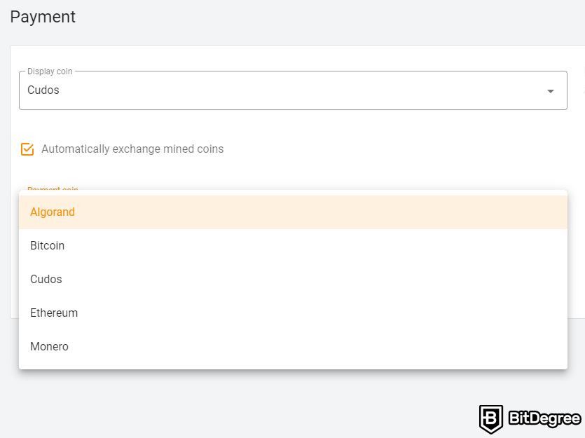 Cudo Miner review: selecting payment coins.