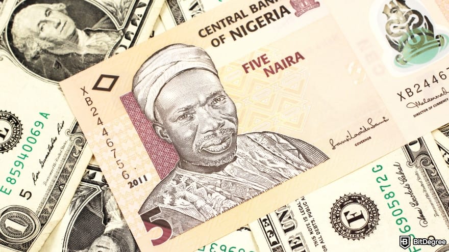 Currency devaluation in Nigeria: a close up image of five naira bank note.