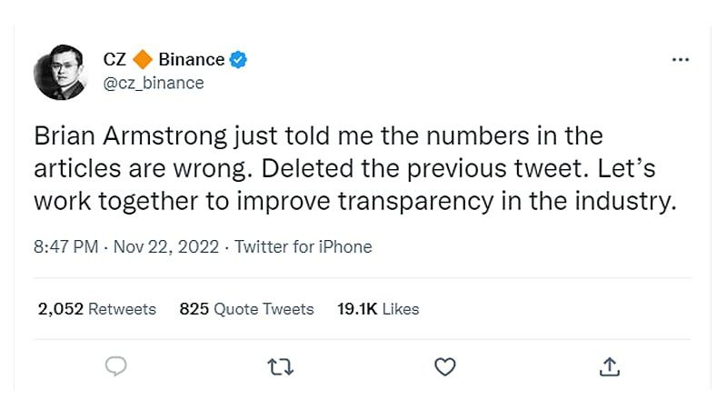 Cz Deletes Tweet About Coinbase's Btc Reserves