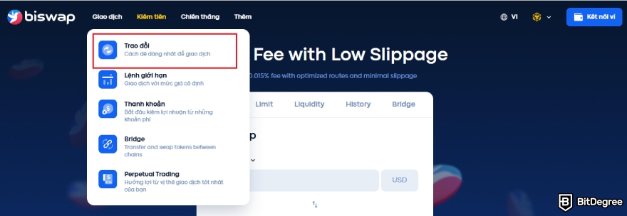 Đánh giá Biswap: tùy chọn "Trao đổi" trong menu "Giao dịch".