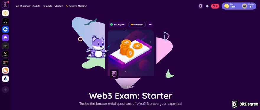 Đánh giá BitDegree Web3 Exam: Bắt đầu bài kiểm tra.