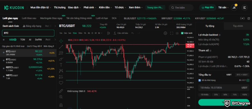 Đánh giá bot giao dịch KuCoin: Giao diện bot giao dịch KuCoin với BTC/USDT được chọn.