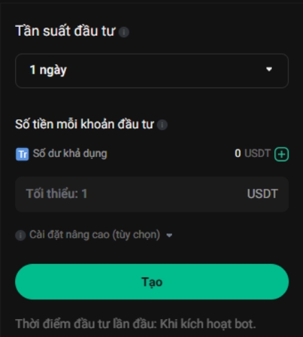 Đánh giá bot giao dịch KuCoin: Bot KuCoin DCA hiển thị các tùy chọn Tần suất đầu tư và Số tiền cho mỗi lần đầu tư.