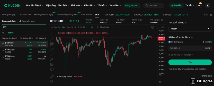 Đánh giá bot giao dịch KuCoin: Giao diện bot giao dịch KuCoin với ETH/USDT được chọn.