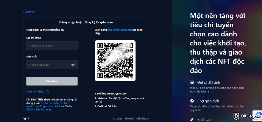 Đánh giá Crypto.com NFT: trang đăng ký và đăng nhập.