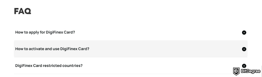Đánh giá DigiFinex: Phần FAQ về thẻ tiền mã hóa.