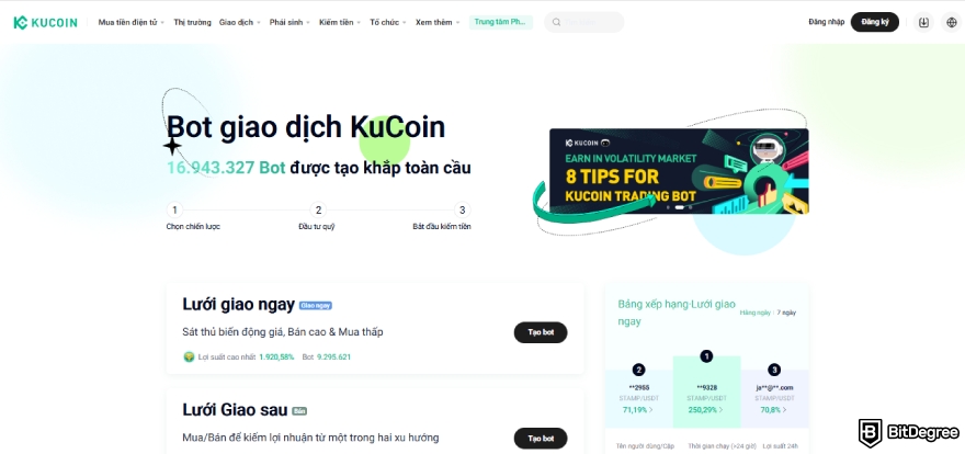 Đánh giá bot giao dịch KuCoin: bản xem trước của trang Bot giao dịch KuCoin.