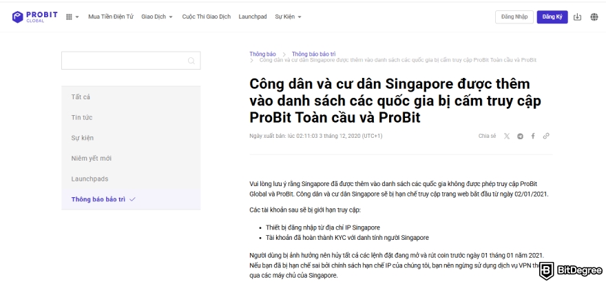 Đánh giá ProBit: thông báo trên trung tâm trợ giúp về việc hạn chế quyền truy cập đối với công dân Singapore.