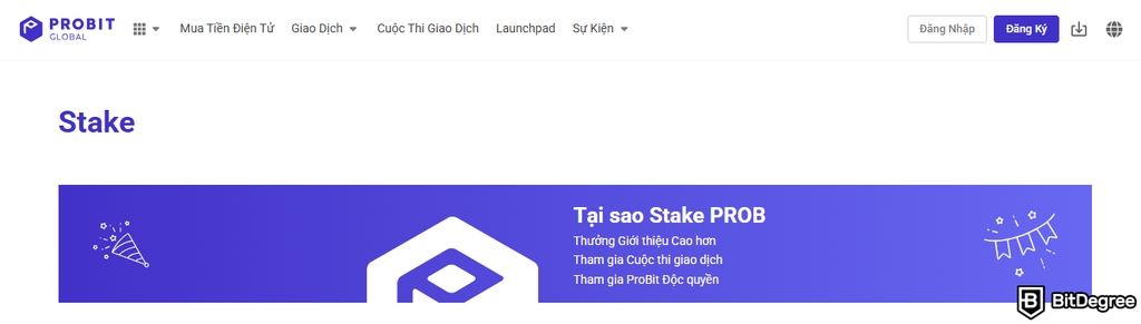 Đánh giá ProBit: Lợi ích staking PROB được hiển thị trên trang web.