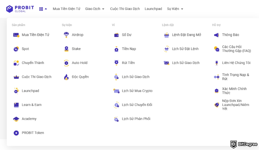 Đánh giá ProBit: Thanh menu của ProBit.