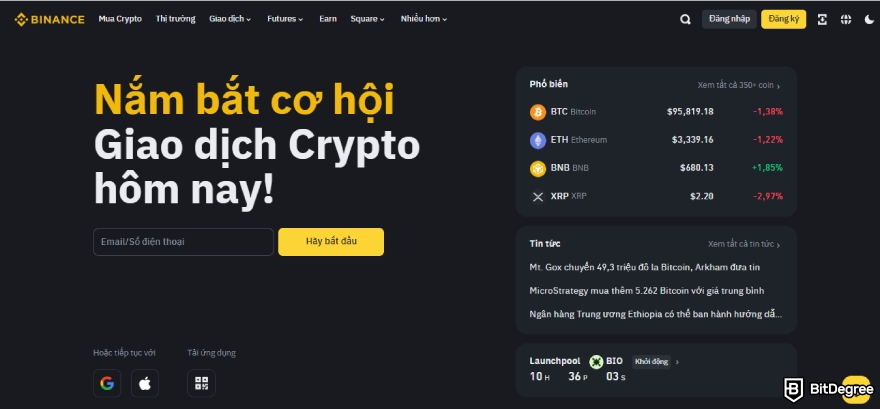 Đánh giá sàn giao dịch Jubi: ảnh chụp màn hình trang đích của Binance.