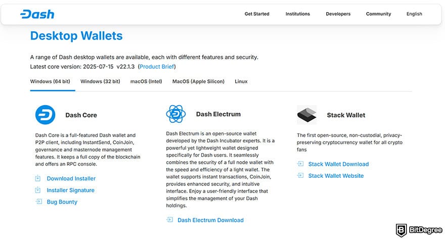 Dash wallet: desktop wallets available on Dash website.