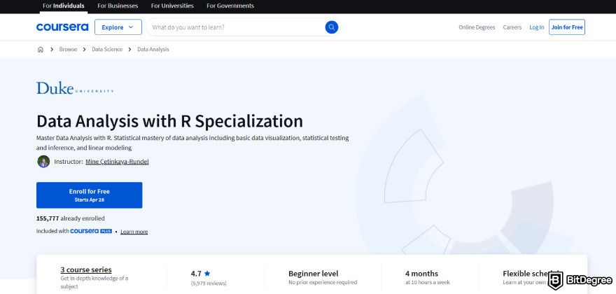 Data analyst courses: Coursera's Data Analysis With R Specialization, in collaboration with Duke University.