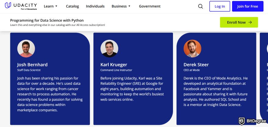 Data analyst courses: the list of instructors for the Programming for Data Science With Python Nanodegree on Udacity.