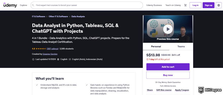 Data analyst courses: Udemy's Data Analysis in Python, Tableau, SQL, and ChatGPT course.