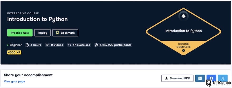 DataCamp review: statement of accomplishment after finishing the Introduction to Python course on DataCamp. DataCamp review: statement of accomplishment after finishing the Introduction to Python course on DataCamp.