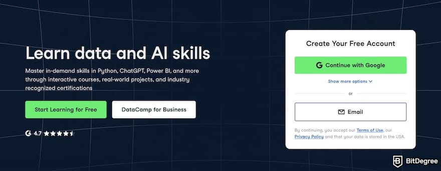DataCamp review: sign-up banner on DataCamp's homepage. DataCamp review: sign-up banner on DataCamp's homepage.