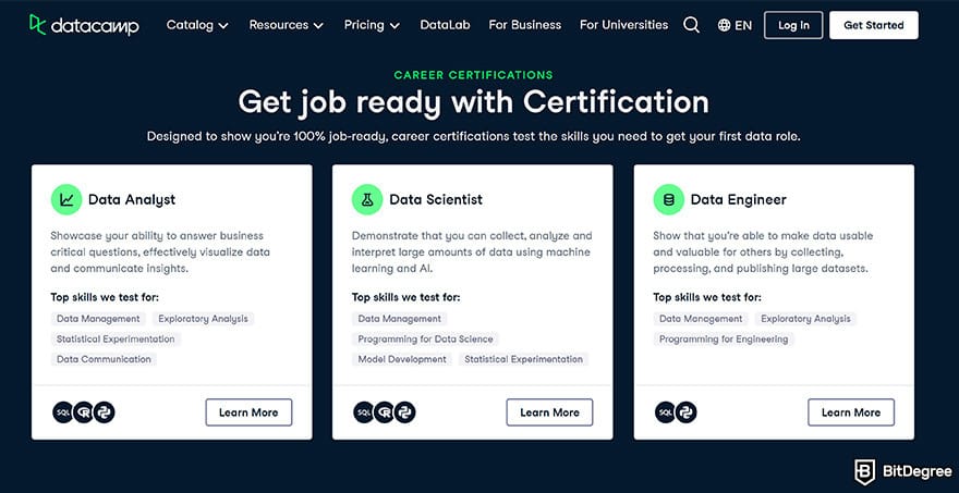 DataCamp vs Codecademy: DataCamp career certifications.