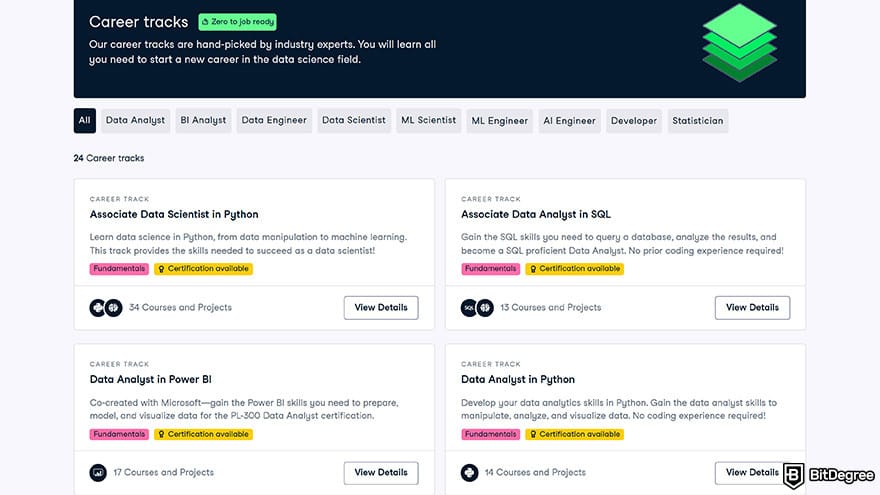 DataCamp vs Codecademy: DataCamp career tracks.